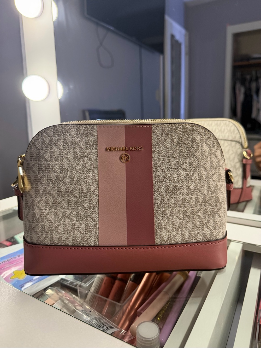 Michael Kors Beige MK Signature Dome Crossbody with Pink Stripes
